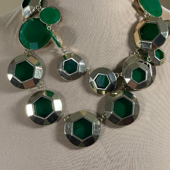 Jade Green Statement Necklace Gold Tone Hexagonal Chunky - Picture 2 of 4